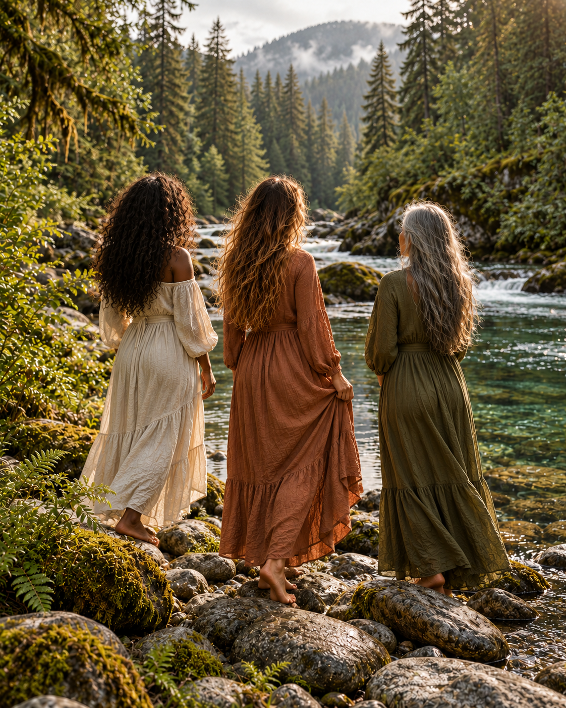 Three women in flowing boho dresses, including a Black woman, a white woman and a gray-haired Asian woman, seen from behind beside a forest river