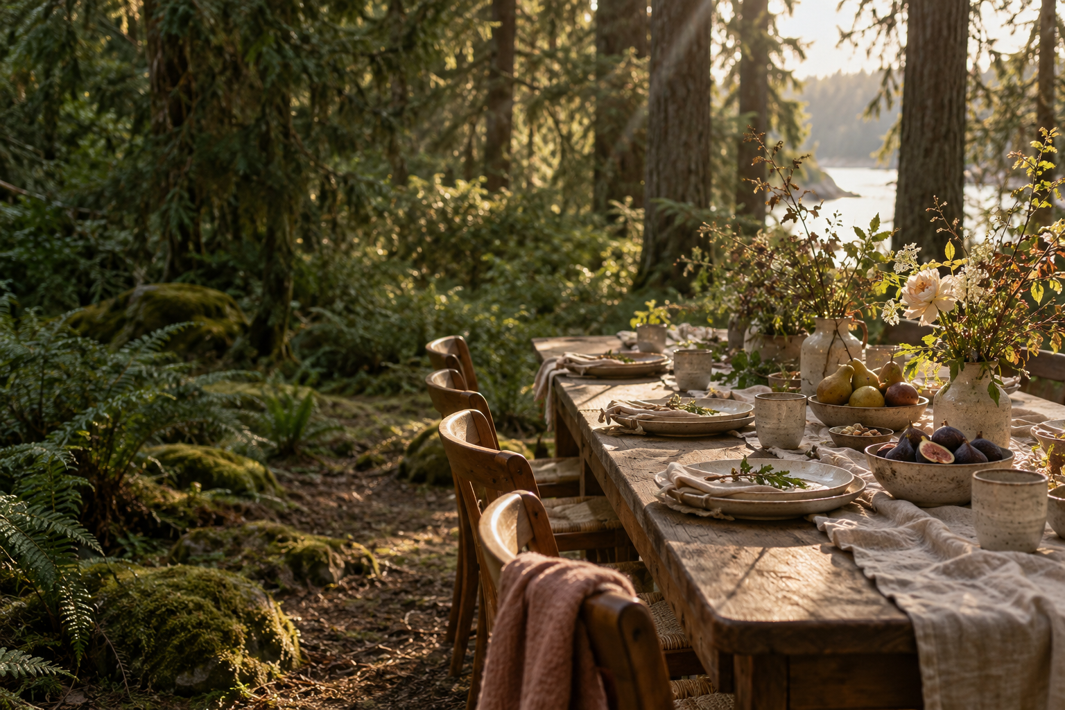 An imagined woodland table set with linen, handmade ceramics, fruit, and wild branches