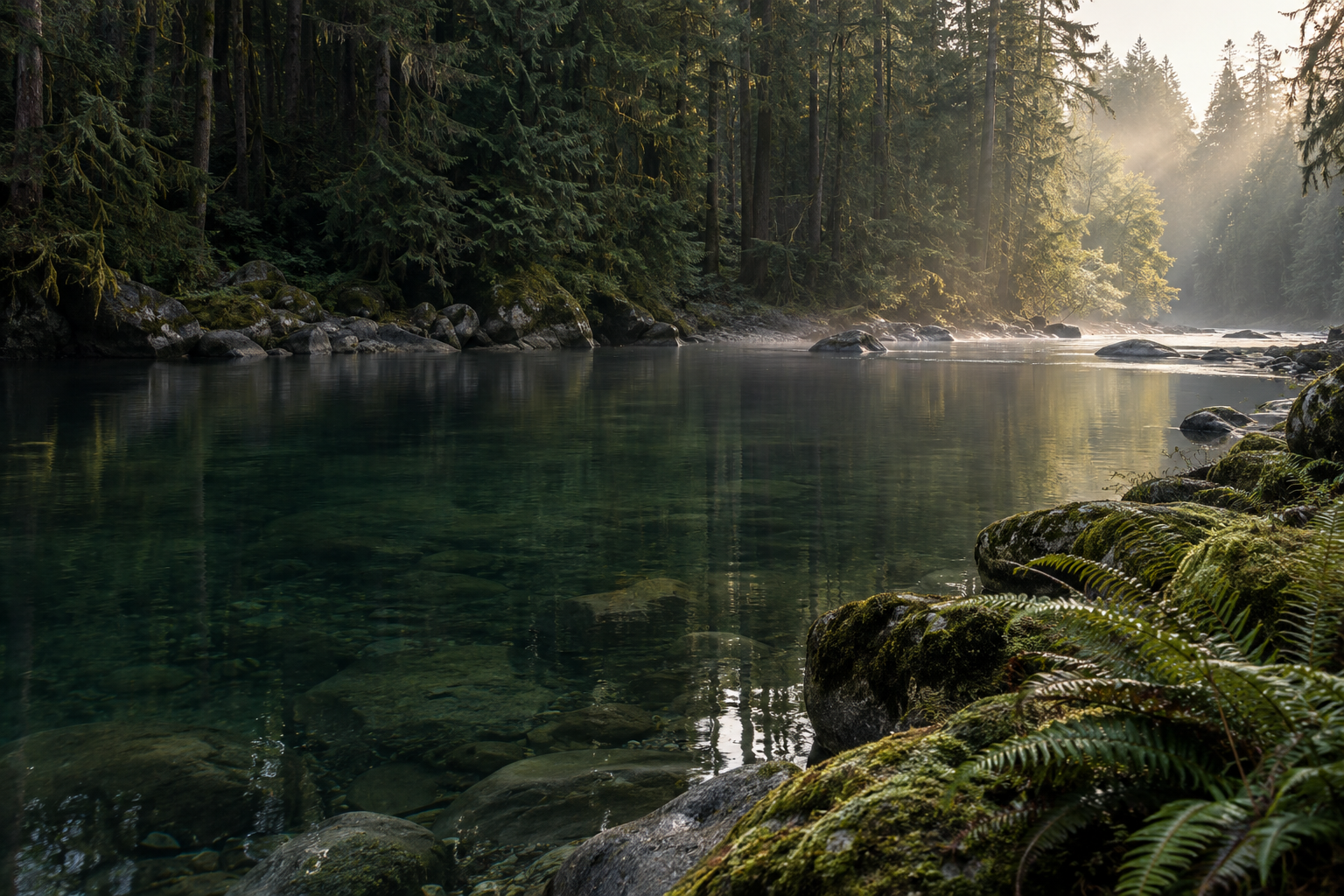 Morning mist above a quiet jade river pool beneath cedar trees