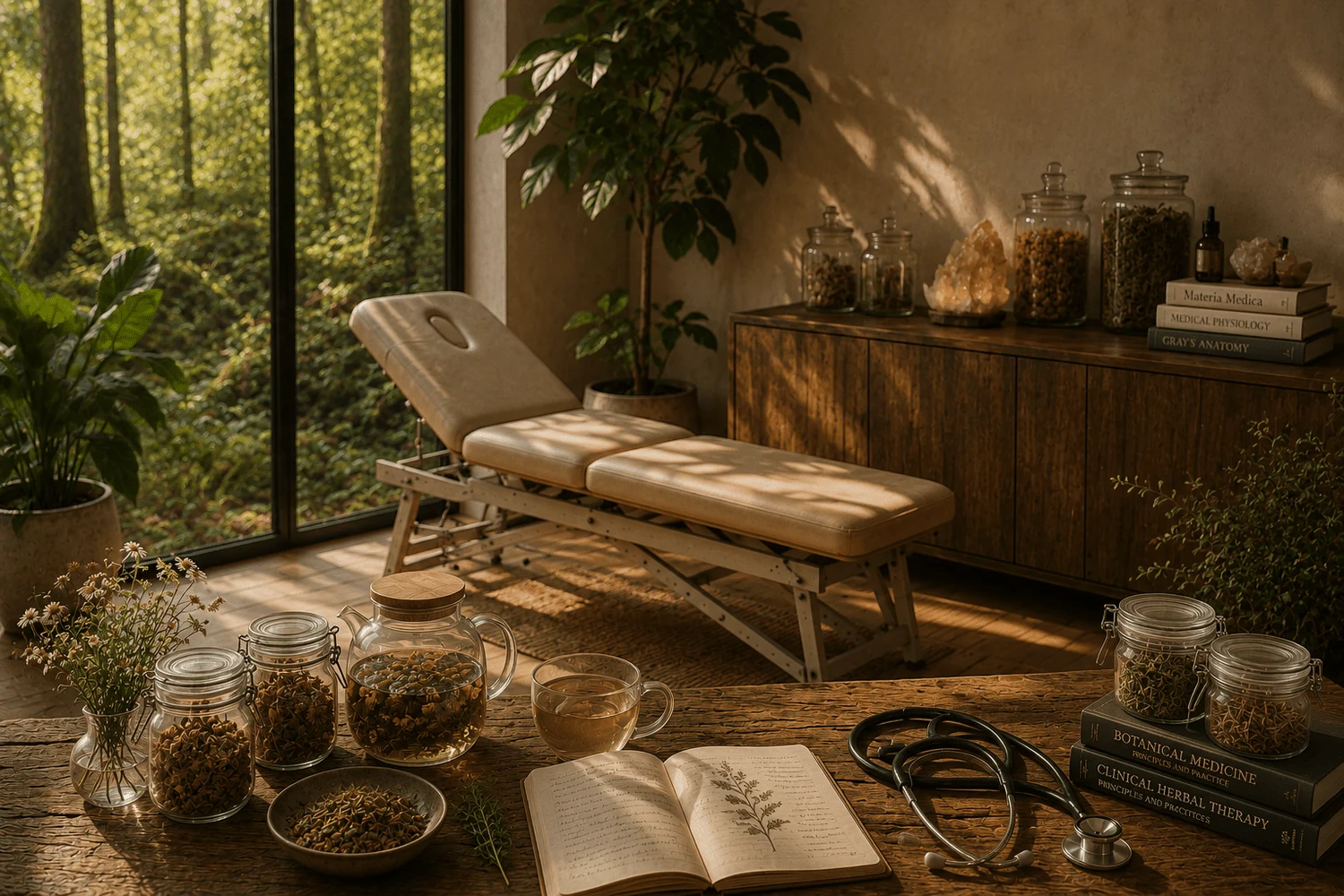 An herbal medicine room opening onto a forest, from the original Medicine page
