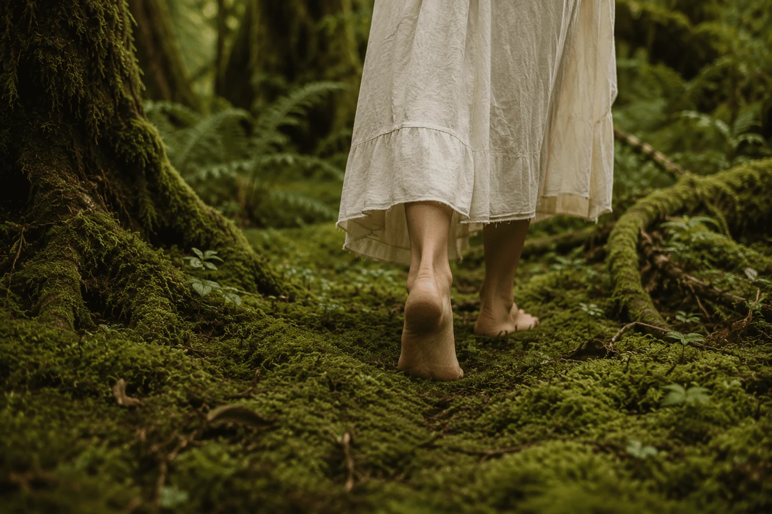 A person walking barefoot through a moss-covered forest, wearing a long, flowing beige dress.